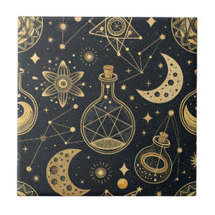 Azulejo Boho Celestial con Símbolos de Alquimia Dorados