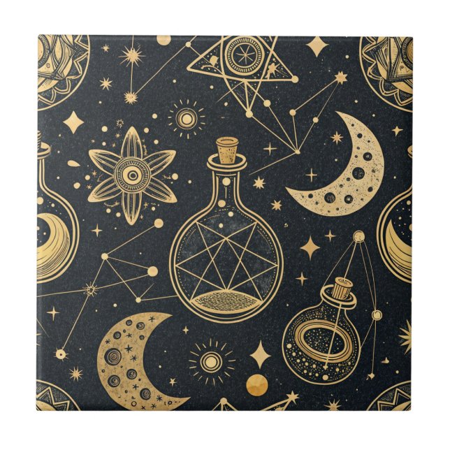 Azulejo Boho Celestial con Símbolos de Alquimia Dorados (Frente)