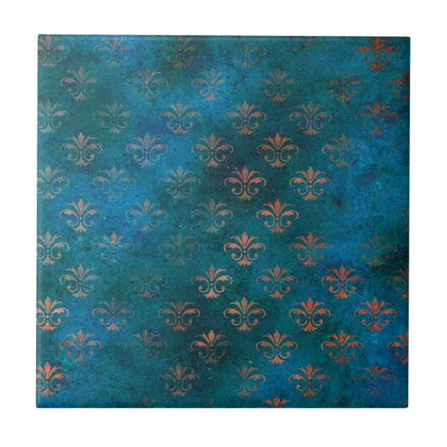 Azulejo Boho Copper Blue Grunge Heraldic Floral (Frente)