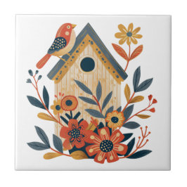 Azulejo Boho Floral Bird House Scandinavian Folk Art