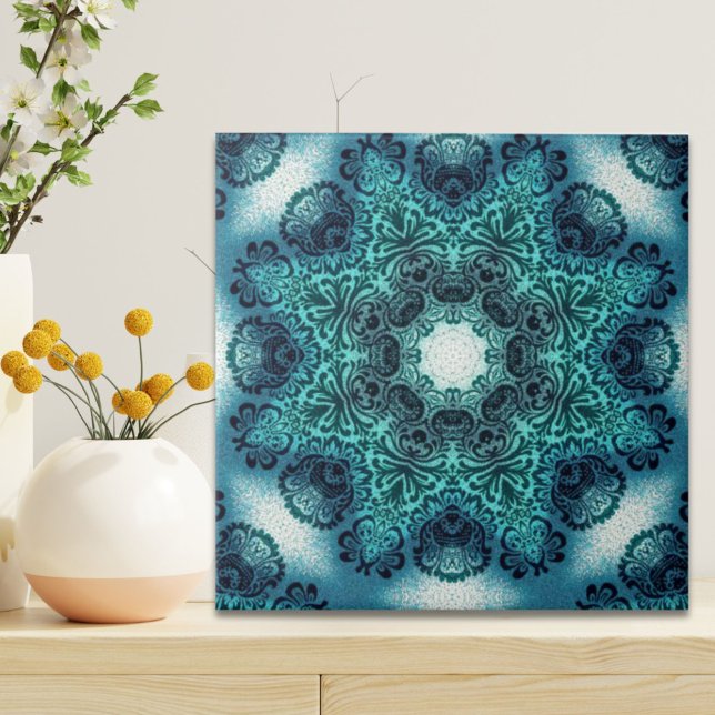 Azulejo Boho floral paisley turquoise mandala verde azulad (Boho floral paisley turquoise teal mandala henna ceramic tile)
