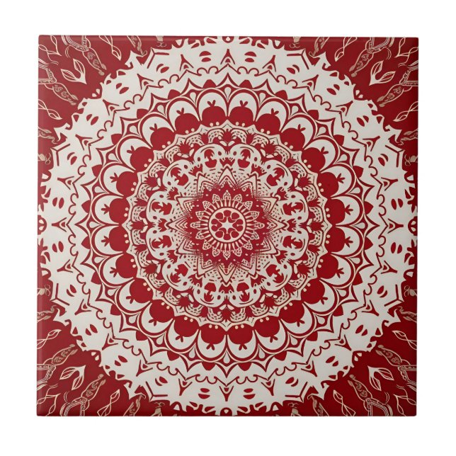 Azulejo Boho Hippie Tibetano inspirado en Mandala Roja (Frente)