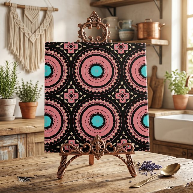 Azulejo Boho Mandala Rosa Turquesa Negro Geométrico Mosaic (Subido por el creador)