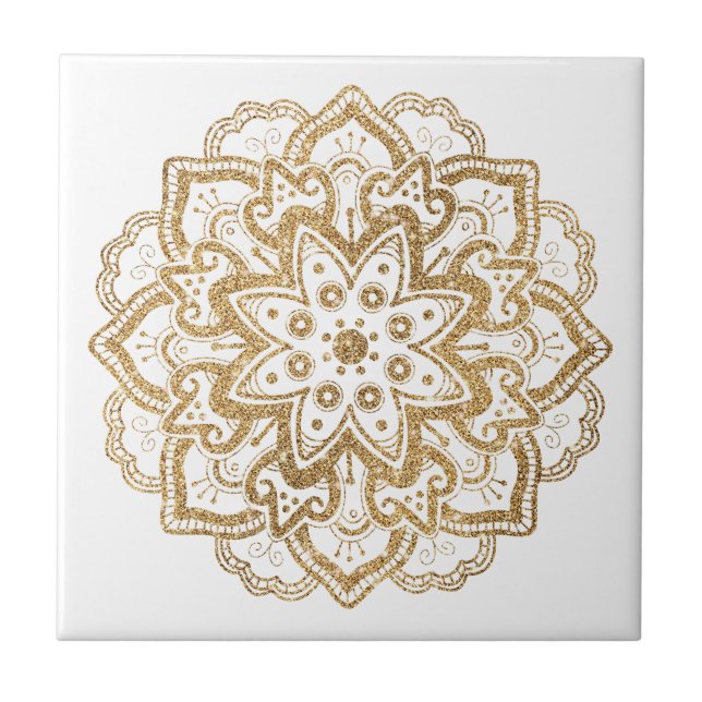 Azulejo Boho Mandala White, Purpurina de Faux Gold de lujo (Frente)