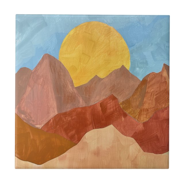 Azulejo Boho Mountain Sunset - Paisaje cálido del tono de  (Frente)