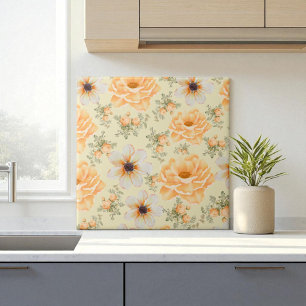 Azulejo Boho Naranja de acuarela botánica Cream Floral