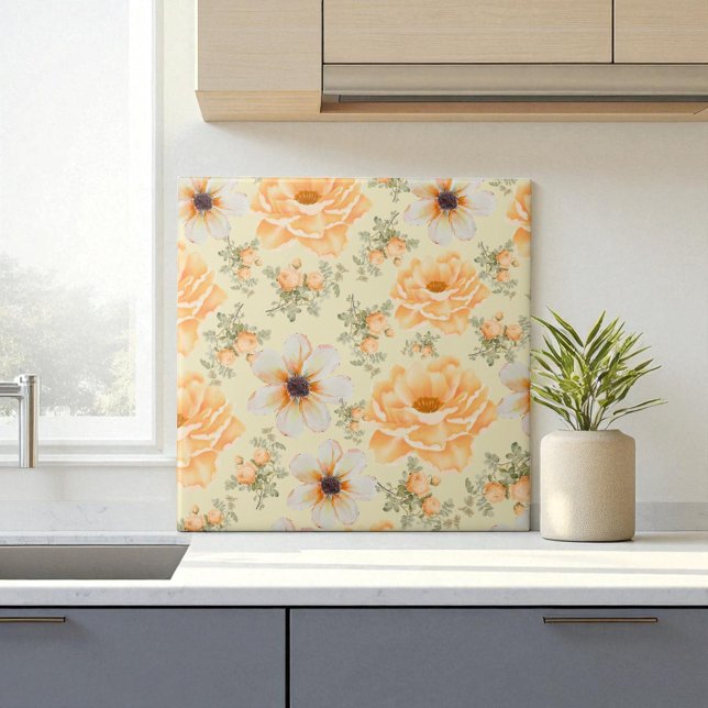Azulejo Boho Naranja de acuarela botánica Cream Floral (Subido por el creador)