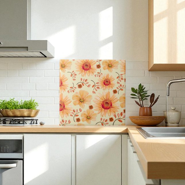 Azulejo Boho Naranja de acuarela botánica Cream Floral (Subido por el creador)