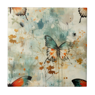 Azulejo Boho Naranja Verde Azul Mariposa Flor Silvestre Pi