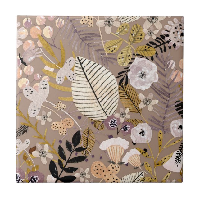 Azulejo Boho Negro Blanco Dorado Melocotón Hoja Floral Dib (Frente)