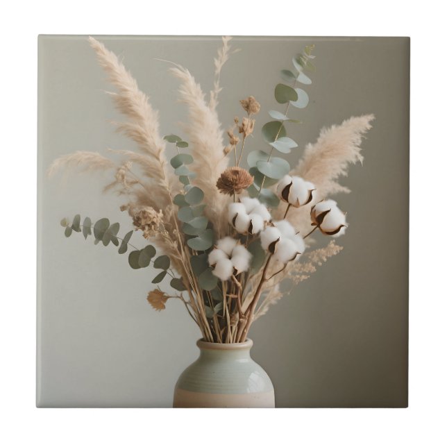 Azulejo Boho Pampas Algodón Eucalipto Floral Neutral (Frente)