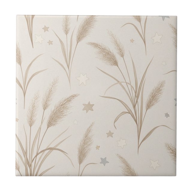 Azulejo Boho Pampas Grass Beige Marrón Patrón de Estrellas (Frente)