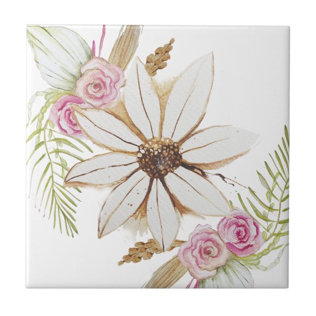 Azulejo Boho rosa verde blanco marrón decorativo floral  (Frente)