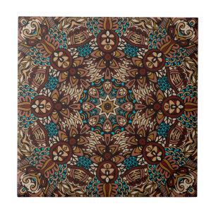Azulejo Boho ruso marrón, Verde azulado y beige Mandala