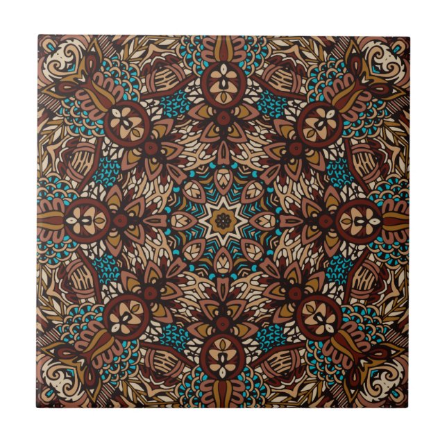 Azulejo Boho ruso marrón, Verde azulado y beige Mandala (Frente)