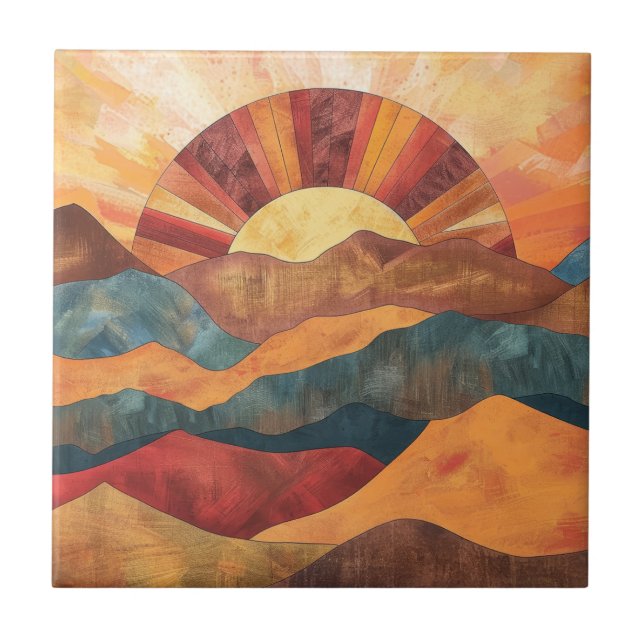Azulejo Boho Sunset Over Mountains - Paisaje Retro Earthy (Frente)