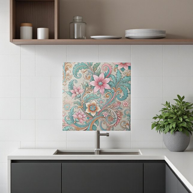 Azulejo Boho Verde azulado Rosa Batik Floral acuarela indo (Pink Teal Boho Batik Indonesian Watercolor Floral Ceramic Tile)