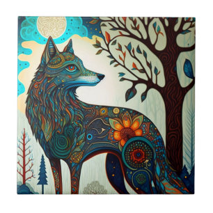 Azulejo Boho Wolf Surreal Wildlife Art Ceramic Tile