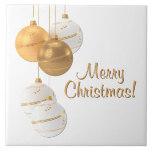 Azulejo Bolas de Navidad doradas y blancas con texto perso