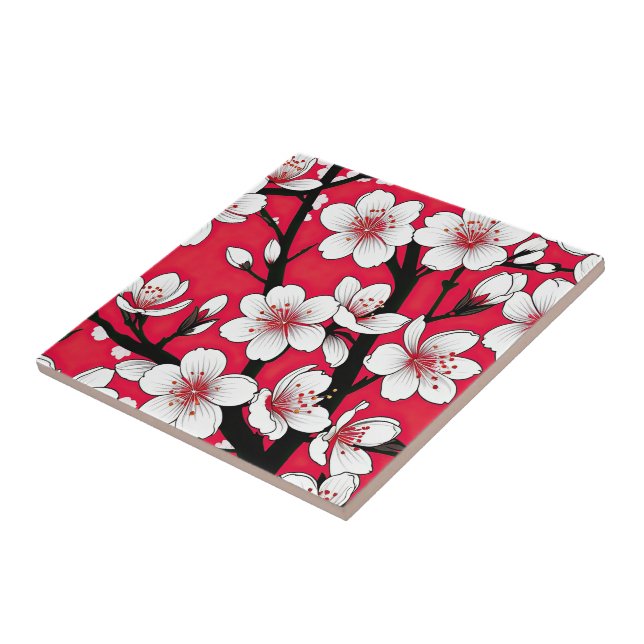 Azulejo Bold Cherry Blossom Illustration on Red (Lado)
