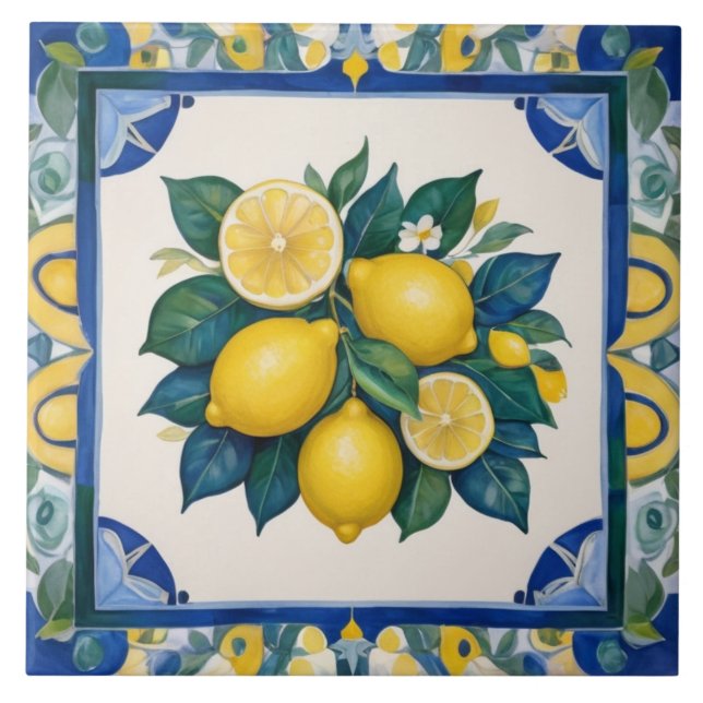 Azulejo Bold Lemons Dark Blue Green Yellow Lemon (Frente)