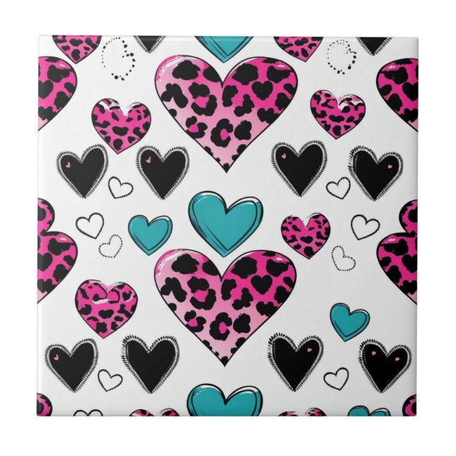 Azulejo Bold Leopard Heart Love – Pink, Black & Teal (2) (Frente)