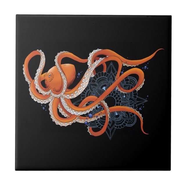 Azulejo Bold Orange Mesmerizing Octopus Mandala  (Frente)