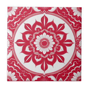 Azulejo Bold Red Floral Mandala Tile