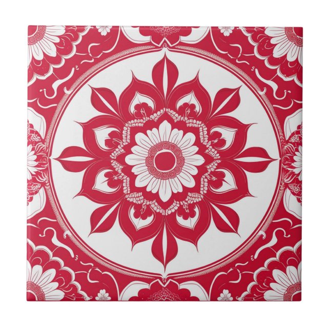 Azulejo Bold Red Floral Mandala Tile (Frente)