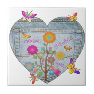 Azulejo Bolsillo de mezclilla Corazón Flores Mariposas