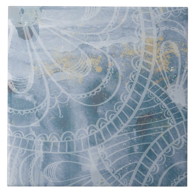 Azulejo Bonita acuarela azul gris y tinta artística (Frente)