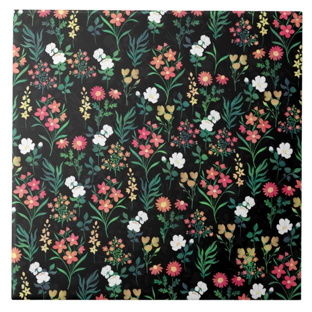 Azulejo Bonito acuarela Floral Negro Botánico (Frente)