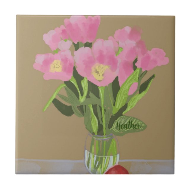 Azulejo Bonito Art Tulip Flor Ilustracion moderno +Nombre (Frente)