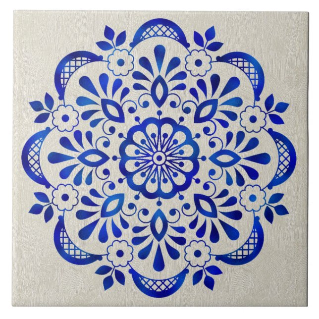 Azulejo Bonito Azul Floral Mandala Tile Cerámico. (Frente)