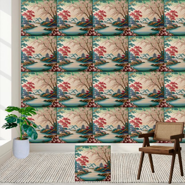 Azulejo Bonito Blossom & Mountain Chinoiserie Tile Art (Pretty Blossom & Mountain Chinoiserie Tile Art)