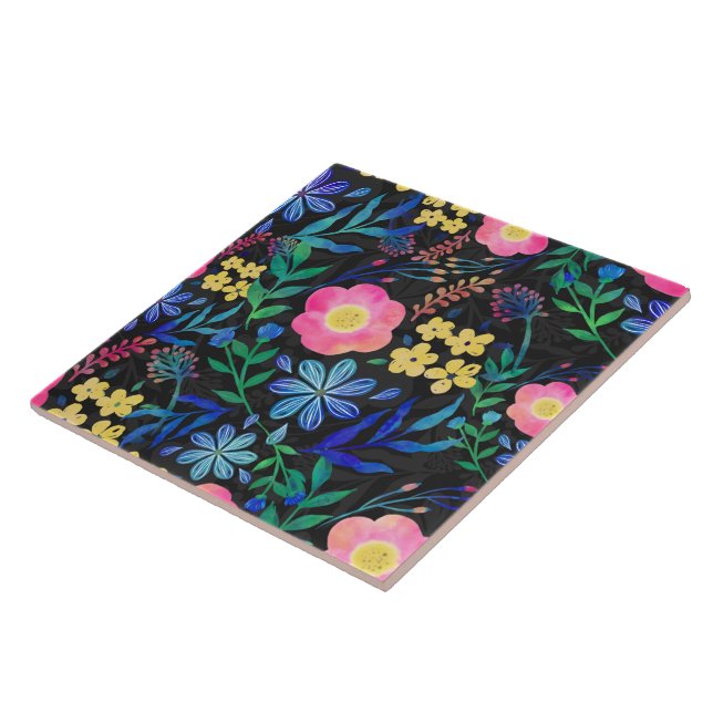 Azulejo Bonito Girly Pink Blue Floral Gris diseño (Lado)