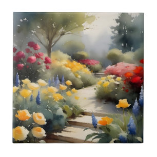 Azulejo Bonito Jardín con flores azules rojas amarillas