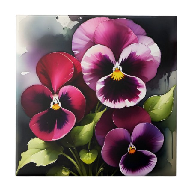 Azulejo Bonito maroon daek pansies rojos pintura acuarela (Frente)