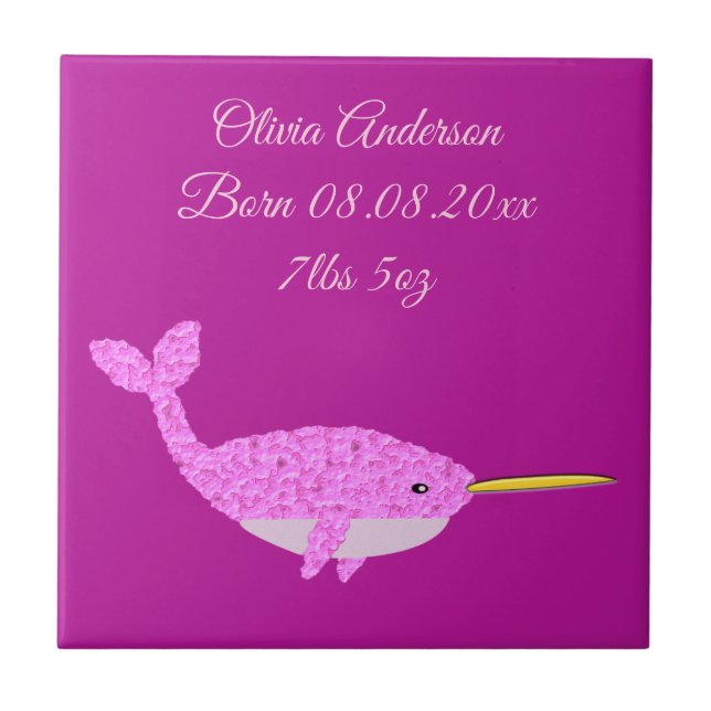 Azulejo Bonito Niña Rosa Narwhal Personalizado Nacimiento (Frente)