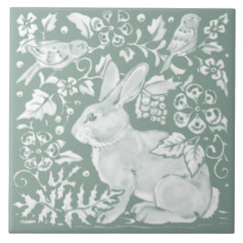 Azulejo Bonito Sage Green Rabbit Bird Woodland Floral