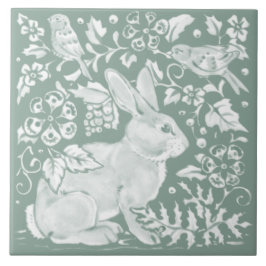 Azulejo Bonito Sage Green Rabbit Bird Woodland Floral