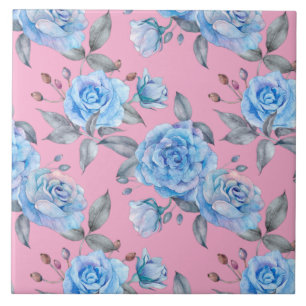 Azulejo Bonitos rosas azules, fondo rosa pastel,