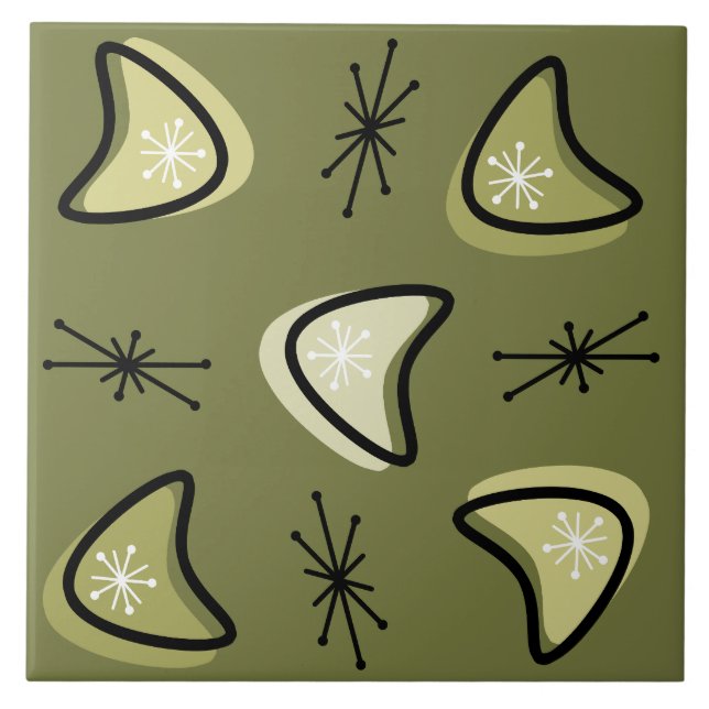 Azulejo Boomerangs atómicos estallidos olivos verdes (Frente)