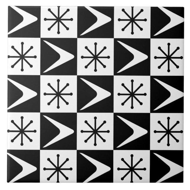 Azulejo Boomerangs de la era atómica blanco negro (Frente)