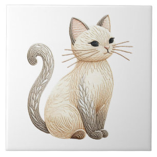 Azulejo Bordado Beige Kitty Boho Cat Cerámica Tile