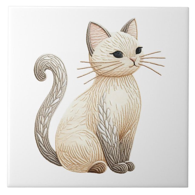 Azulejo Bordado Beige Kitty Boho Cat Cerámica Tile (Frente)