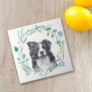Azulejo Borde Collie Dog Acuarela Wreath Cerámica Tile