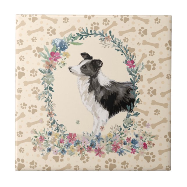 Azulejo Borde Collie Dog Paw Impresión Floral Cute Beige (Frente)
