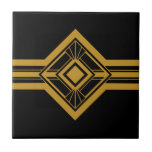 Azulejo Borde geométrico de oro Art Deco Negro<br><div class="desc">Crisp art deco estilo dorado detalles geométricos adorno de cerámica de borde decorativo sobre un fondo negro. Por favor, tenga en cuenta que el oro es una huella de color amarillo mostaza y no es un color oro real. Diseño original y elegante, perfecto para interiores modernos o de estilo Art...</div>