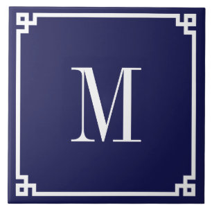 Azulejo Borde Monogramado de Clave Griega Azul Marino y Bl